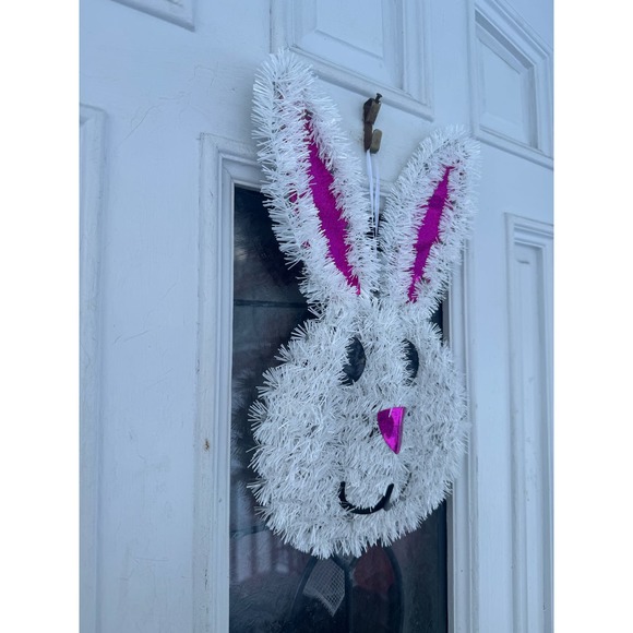 Tinsel Easter Bunny Rabbit Hanging Sign Spring Wall Front Door Porch Decor - Picture 2 of 6